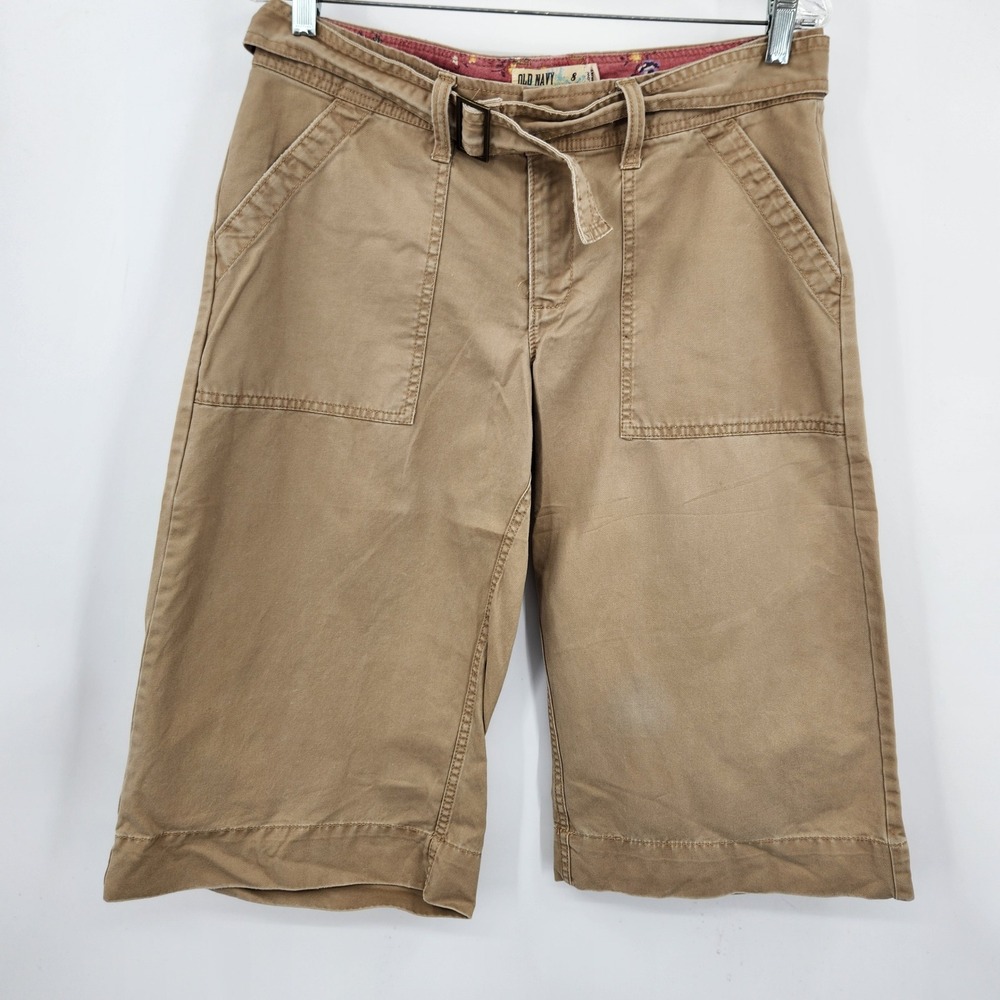 Vintage Old Navy Womens 8 Tan Khaki Low Waist Long Bermuda Shorts Belted Y2K 07